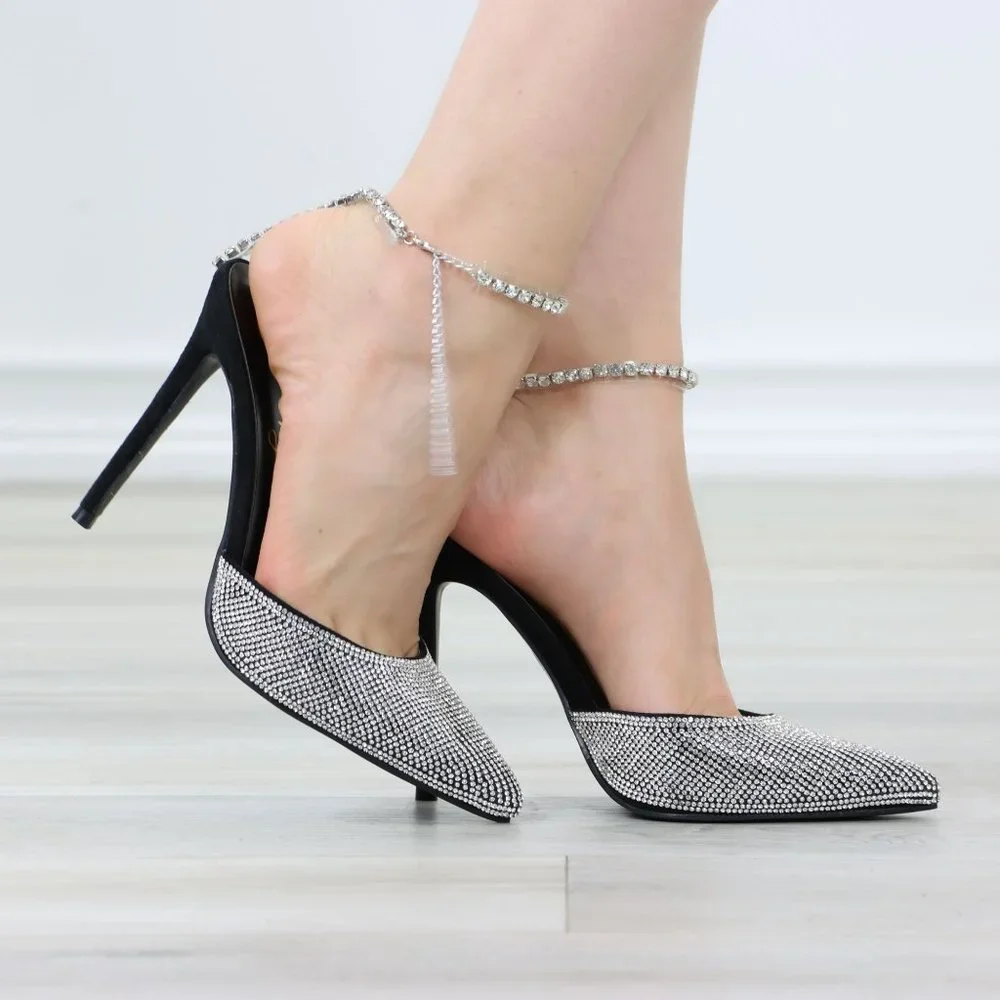 Black Pointed Toe Sparkly Rhinestone Ankle Strap High Heel Shoes Stiletto - Picture 3 of 13